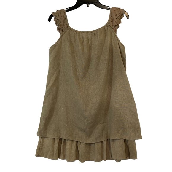 Lagenlook Tan Linen Dress Size M Embroidered Tiers Lightweight Blue Bird Boho - Picture 8 of 12